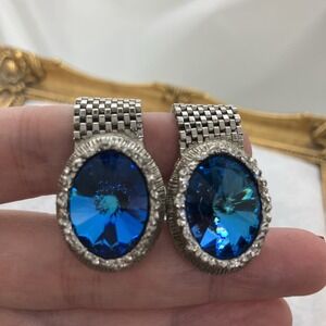 Vtg Swank Blue Rivoli Wrap Around Cufflinks Silver Tone Rhinestones MCM Estate